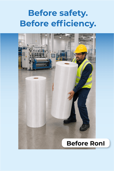 Employee struggling to lift a roll manually