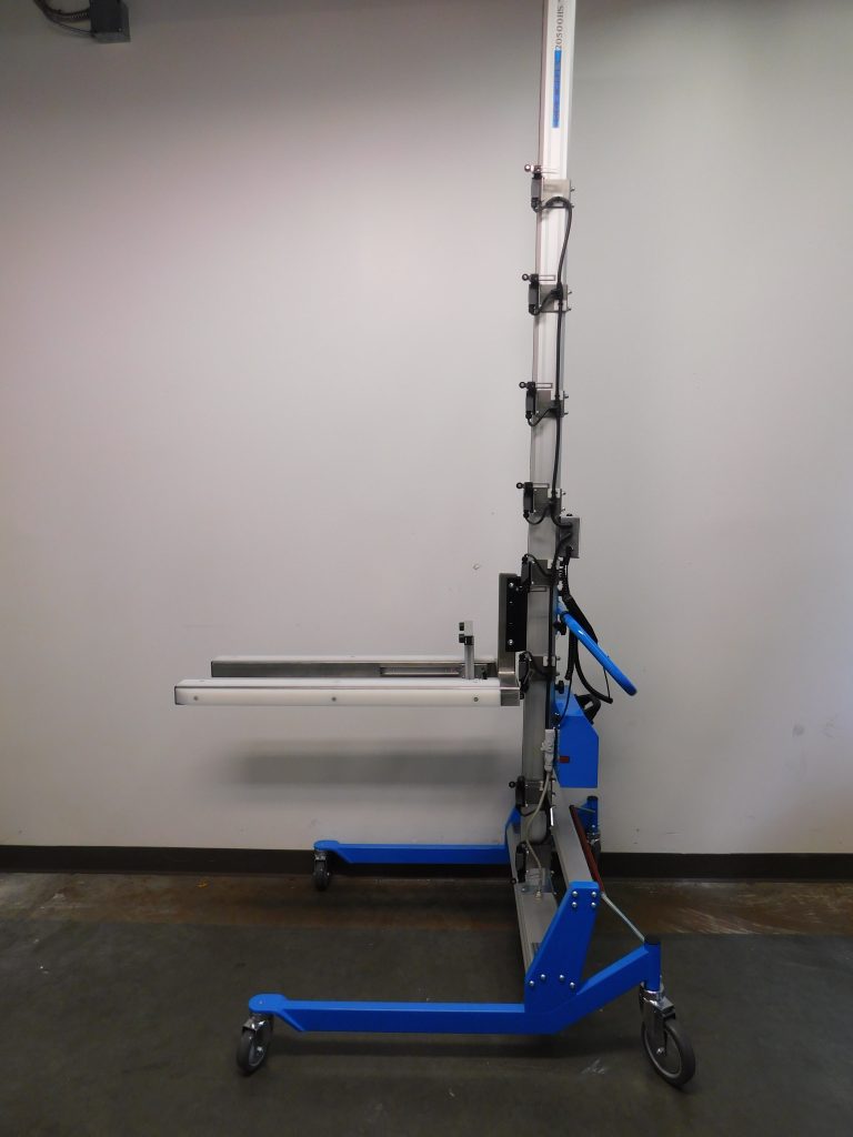 Side view of fork lifter with limit switches.
